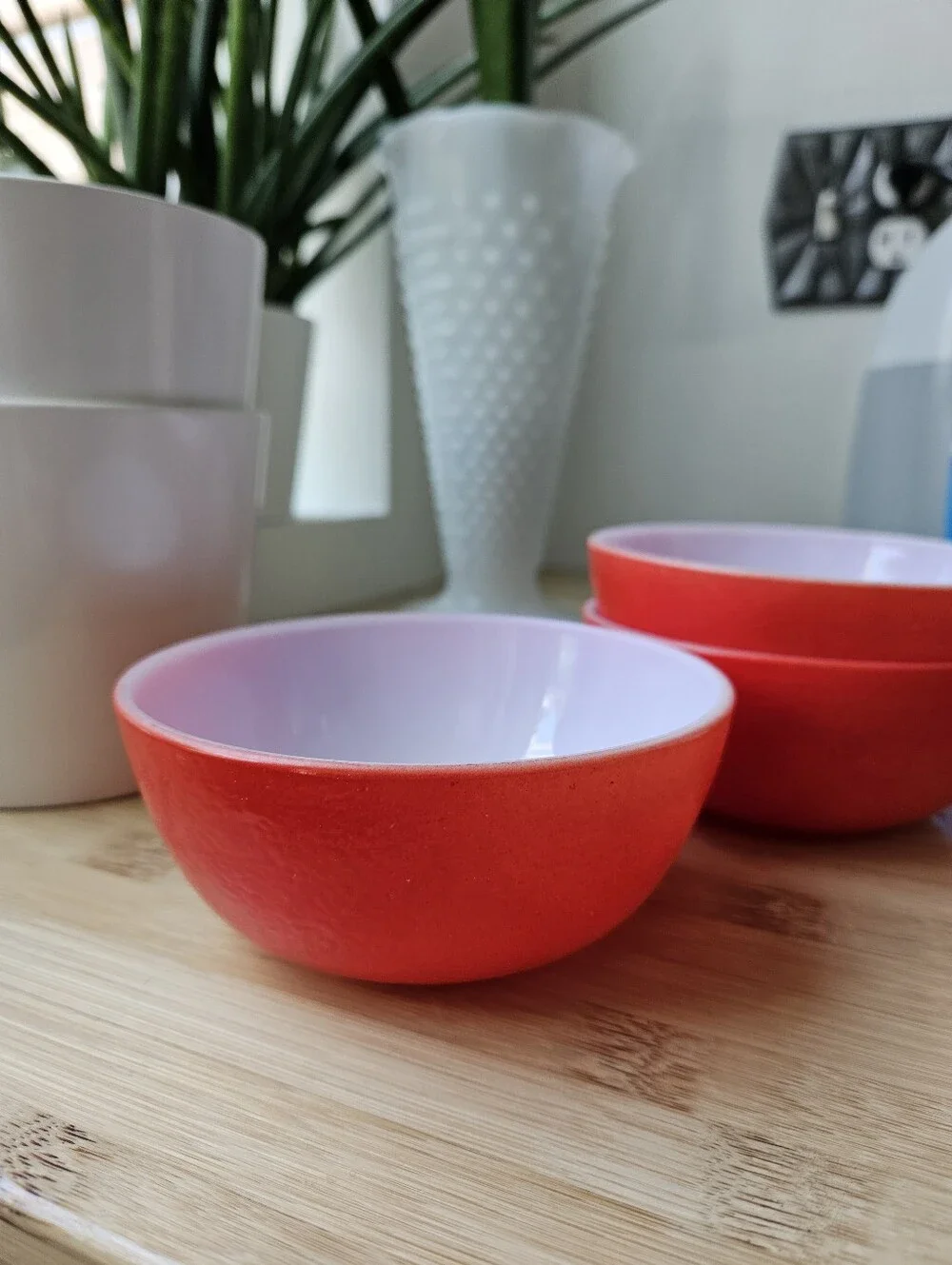 Hazel Atlas MCM Milk Glass Orange Peel Texture Red 4.8 in Cereal Bowl Set of 3